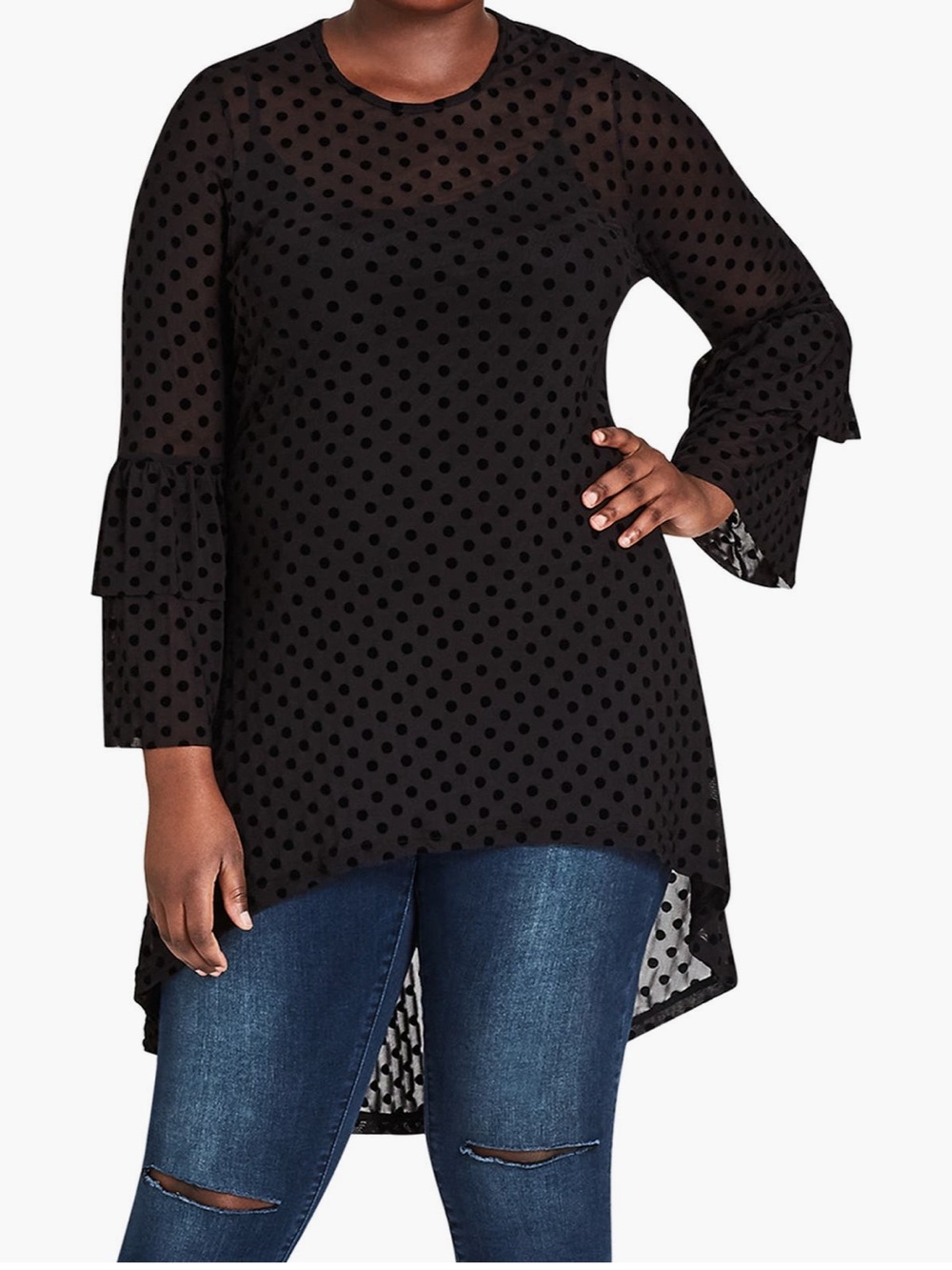 City Chic Sheer Polka Dot High-Low Mesh Tunic